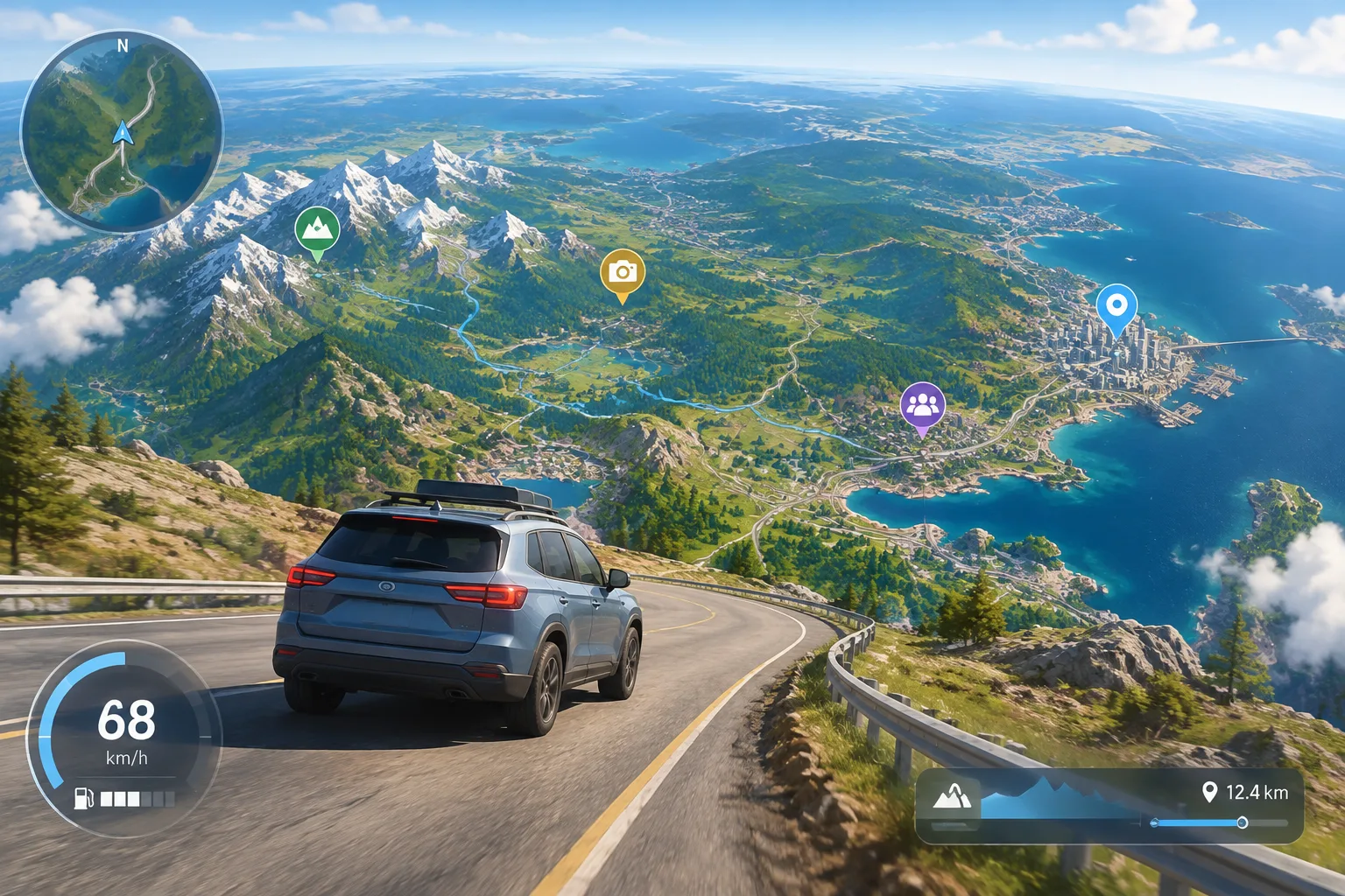 Player driving a car across a stylized satellite-based world map with roads and terrain visible