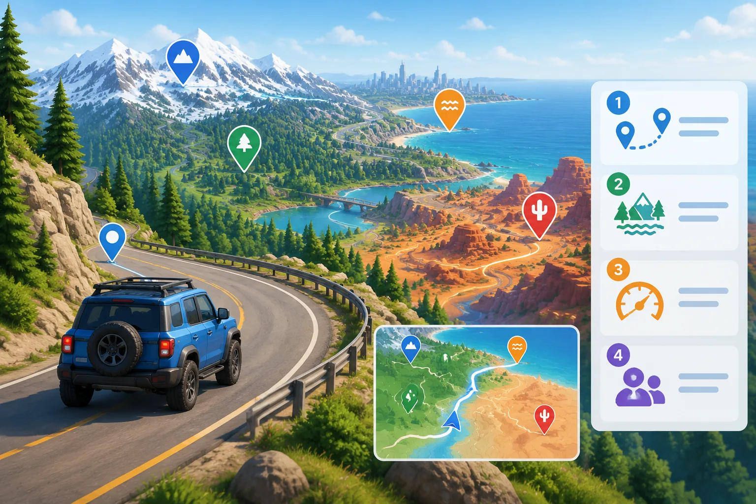 Virtual car traveling along a winding road over varied terrain with map markers in the environment