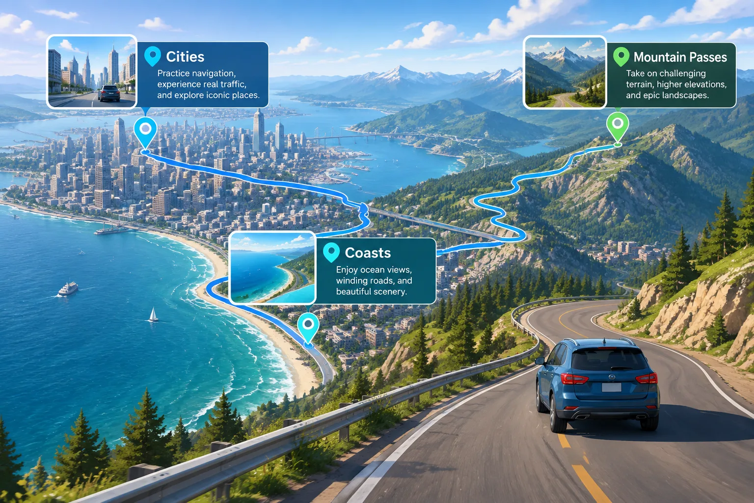 Wide aerial view of a virtual driving route crossing a city, coastline, and mountain landscape
