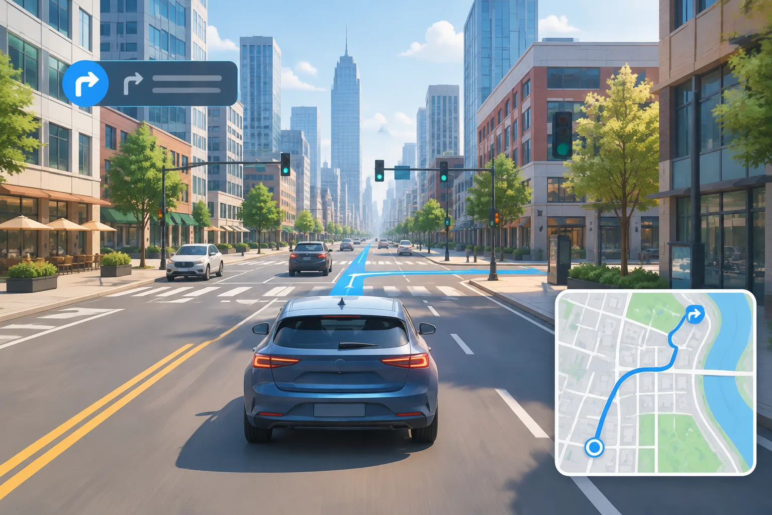 Virtual car driving through a dense city street grid with buildings and roads visible