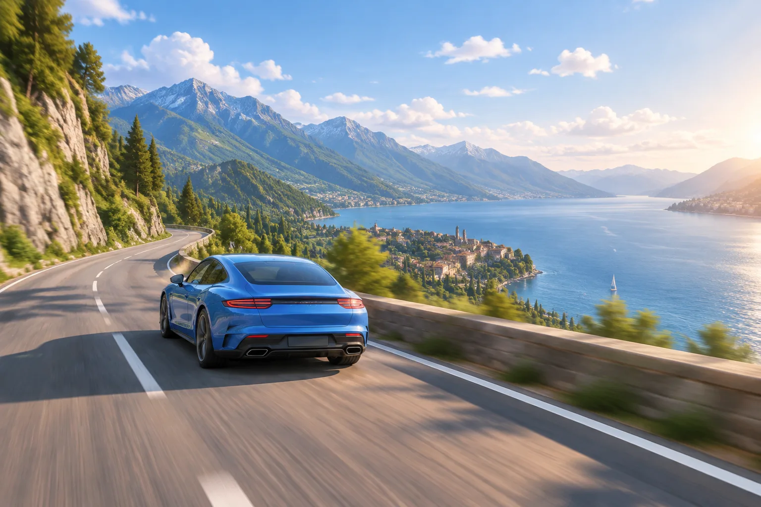 Player's car speeding down a scenic mountain road in Hop.Earth
