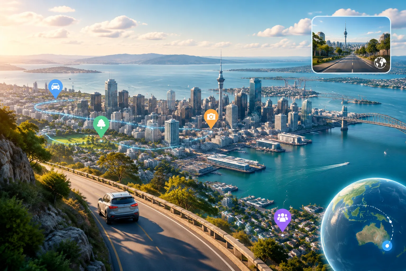 Wide aerial view of a city skyline in Hop.Earth with real satellite imagery