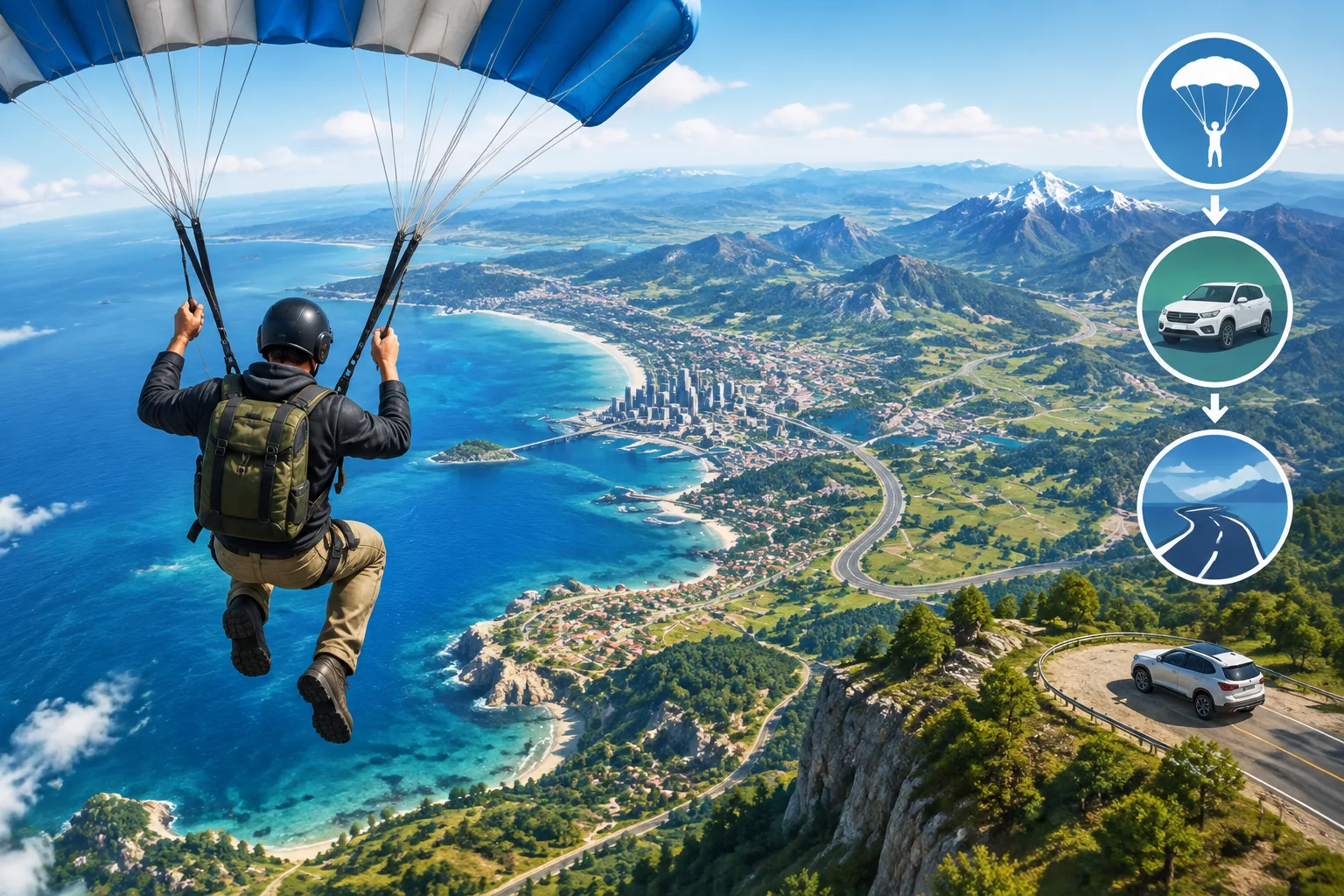 Player parachuting toward a detailed 3D Earth landscape with roads and terrain visible below
