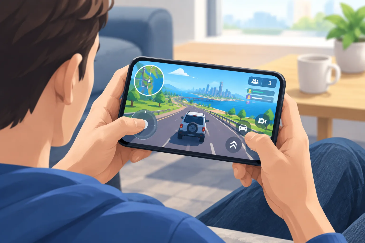 Mobile gamer holding a phone showing a virtual driving map with simple touchscreen controls
