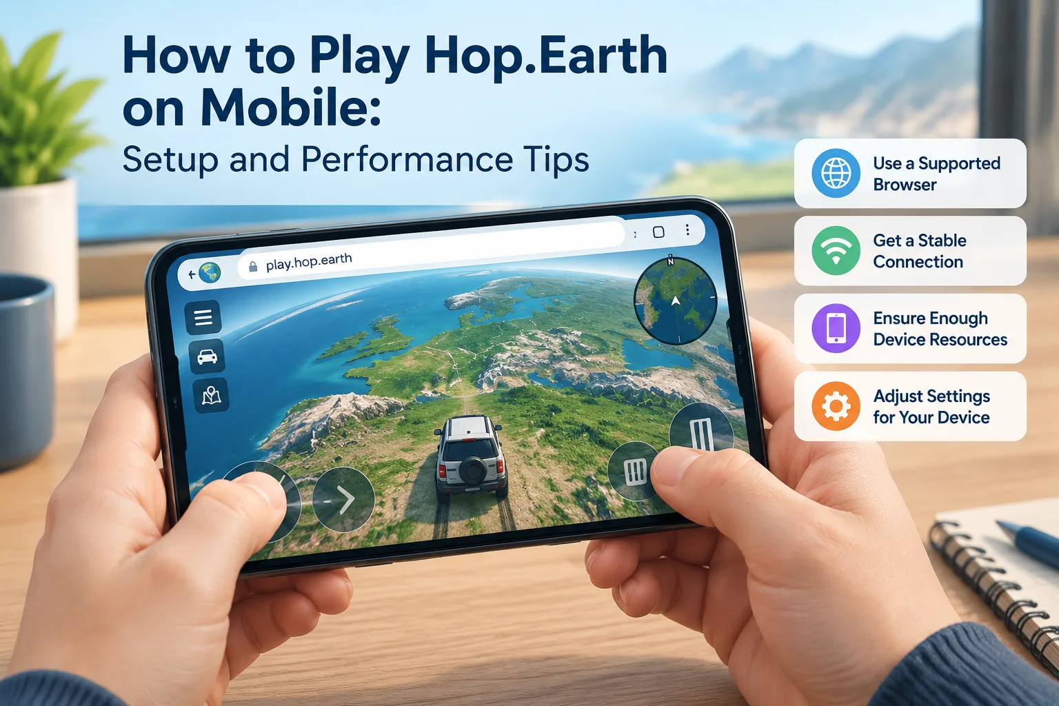 Smartphone displaying a browser-based driving game with a world map view and vehicle controls