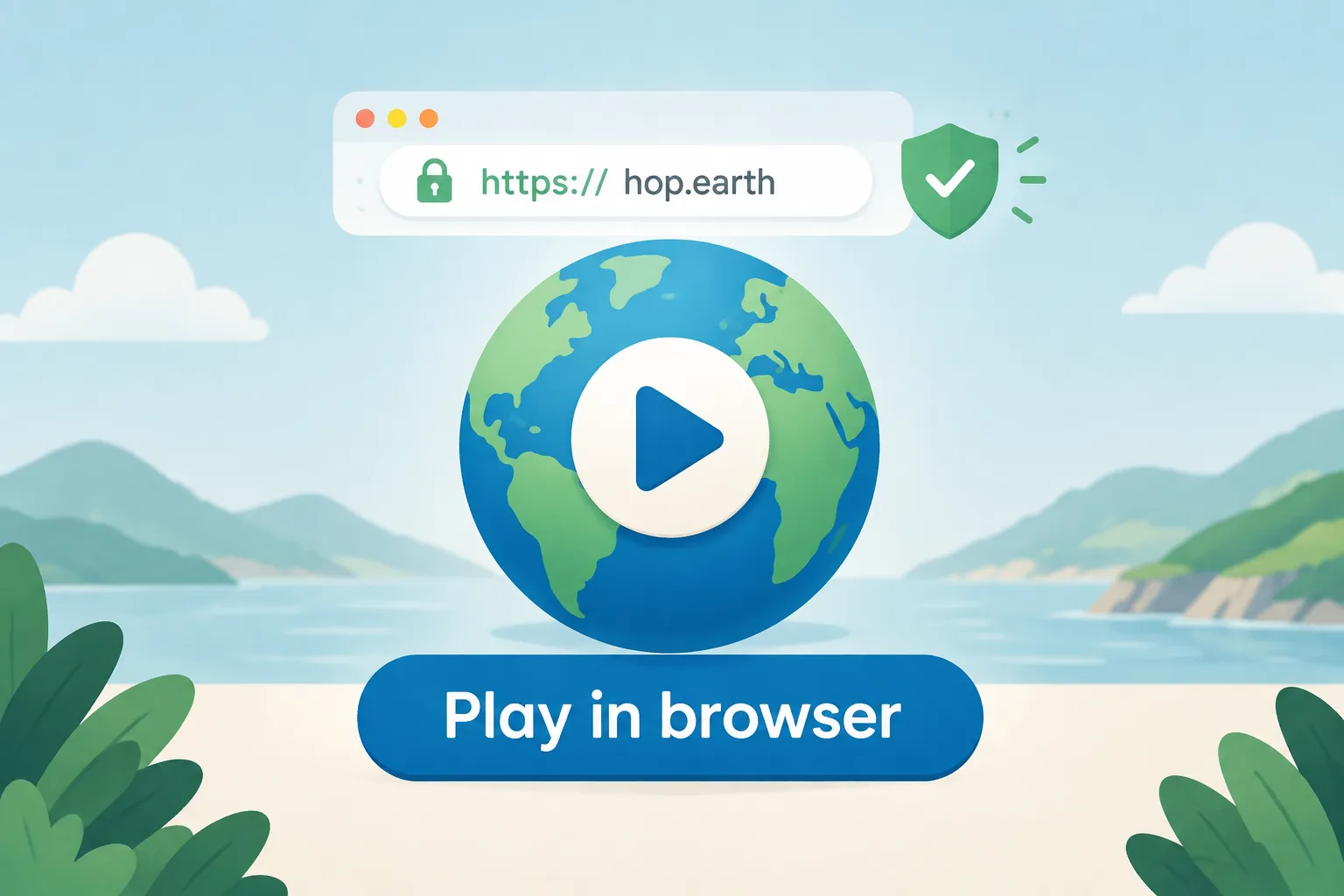 Illustration of a globe with a play button and the text 'Play in browser' as a simple icon.