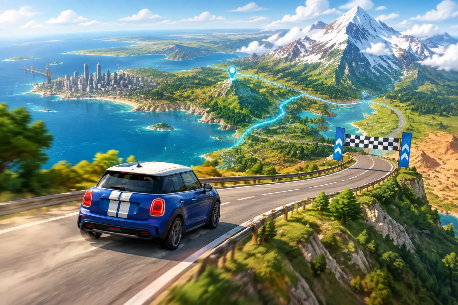 Player driving a small car across a stylized real-world map