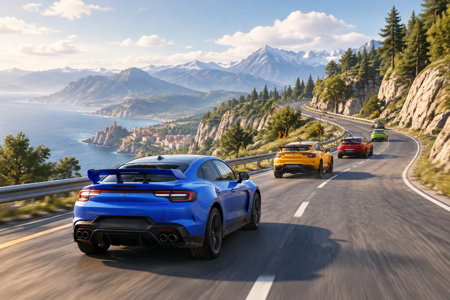 Several colorful cars racing along a winding road through a realistic terrain landscape