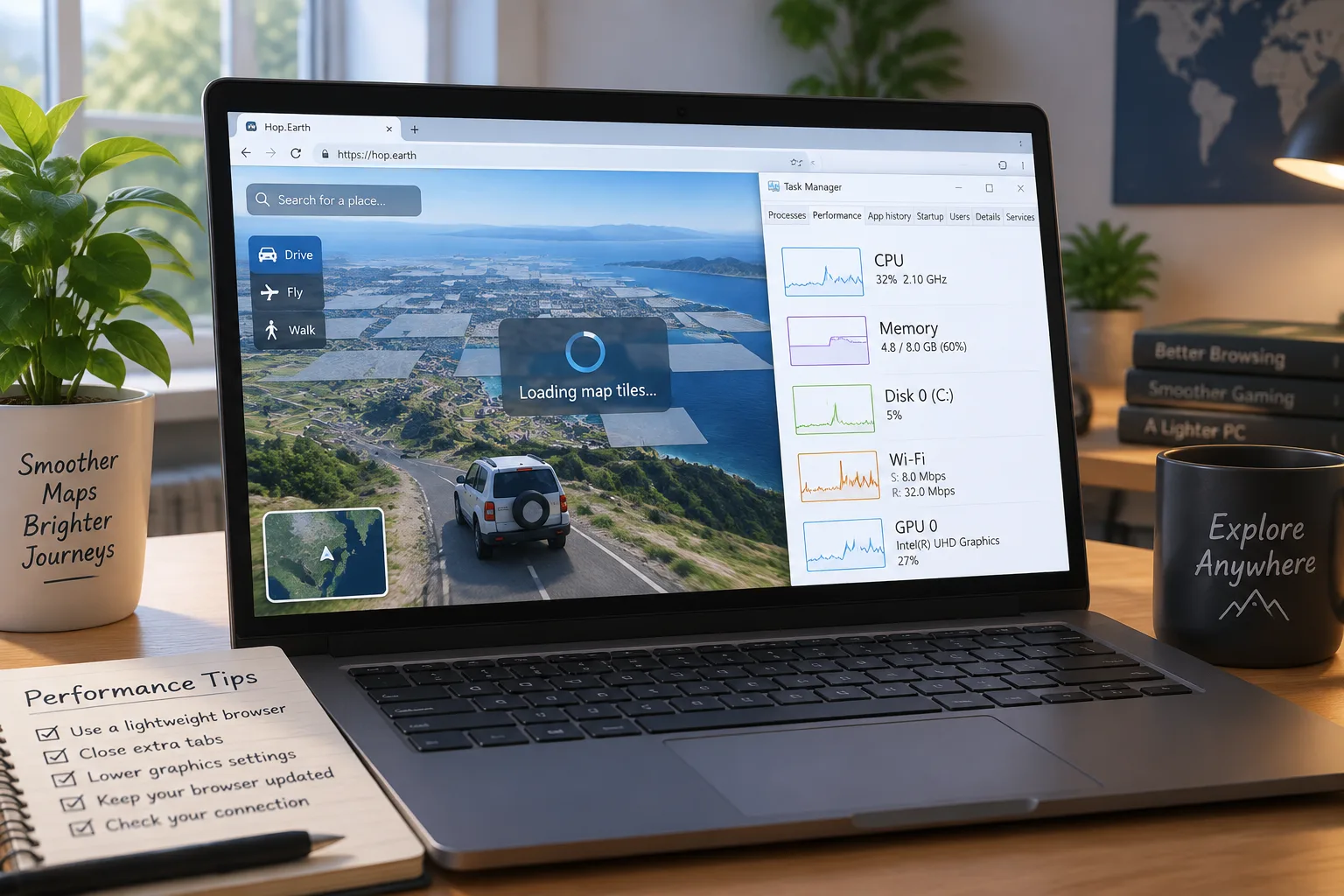 A laptop with a browser game open, task manager beside it, map tiles loading on screen.