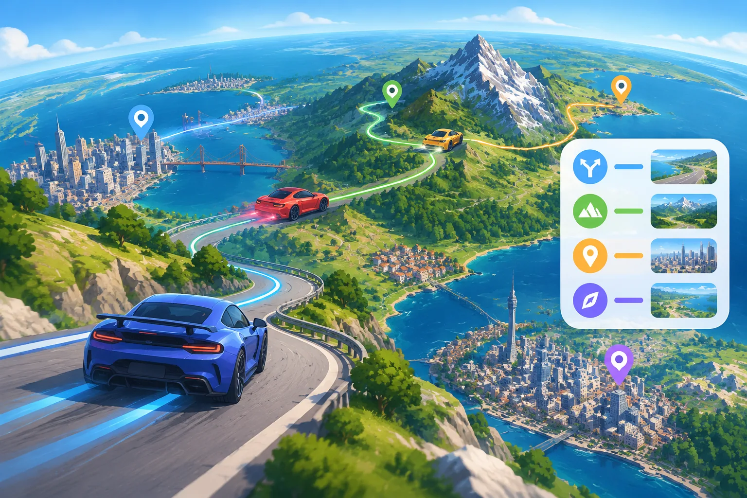 Digital racing cars following roads over a satellite-style Earth map