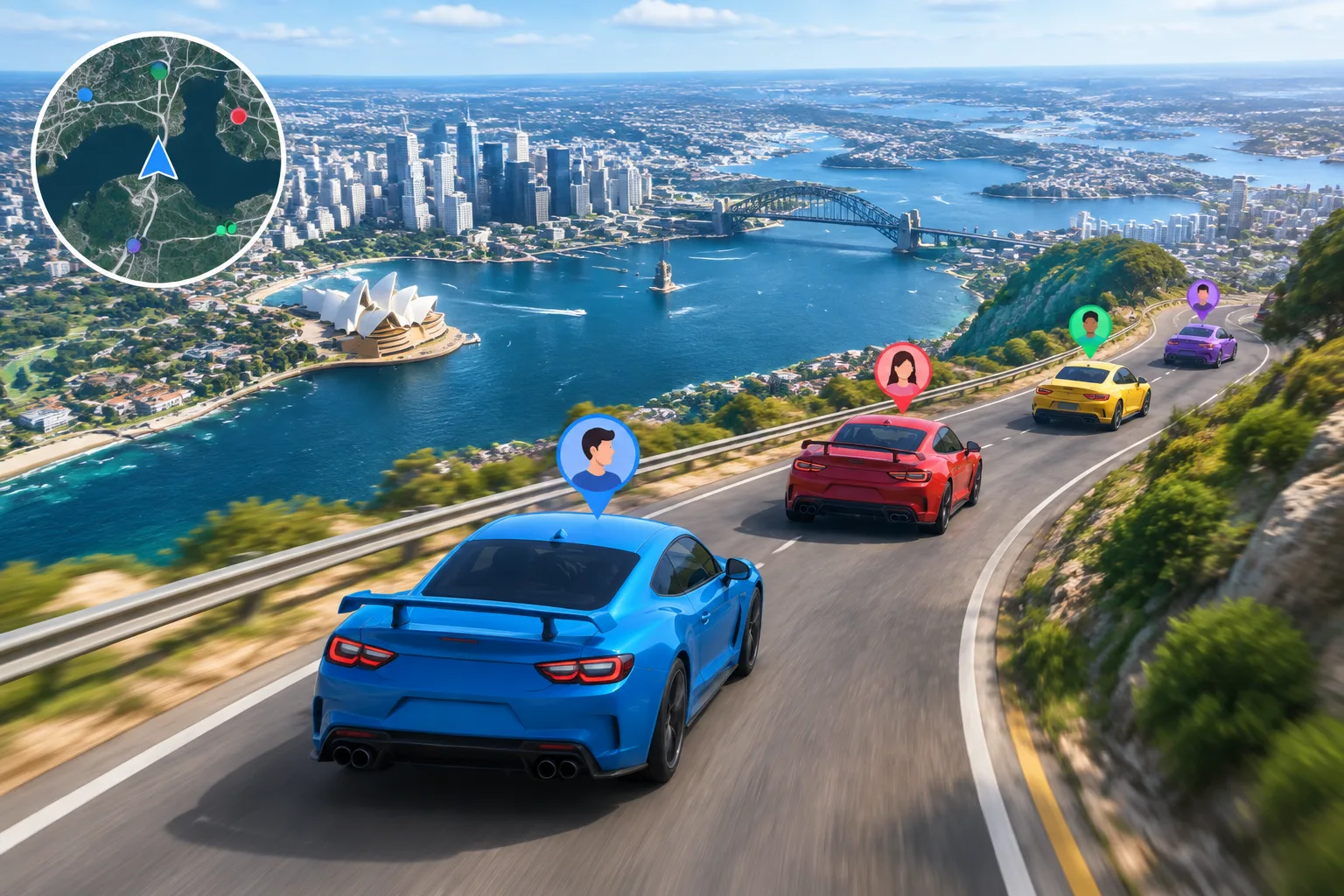 Players driving colorful cars across a realistic digital map