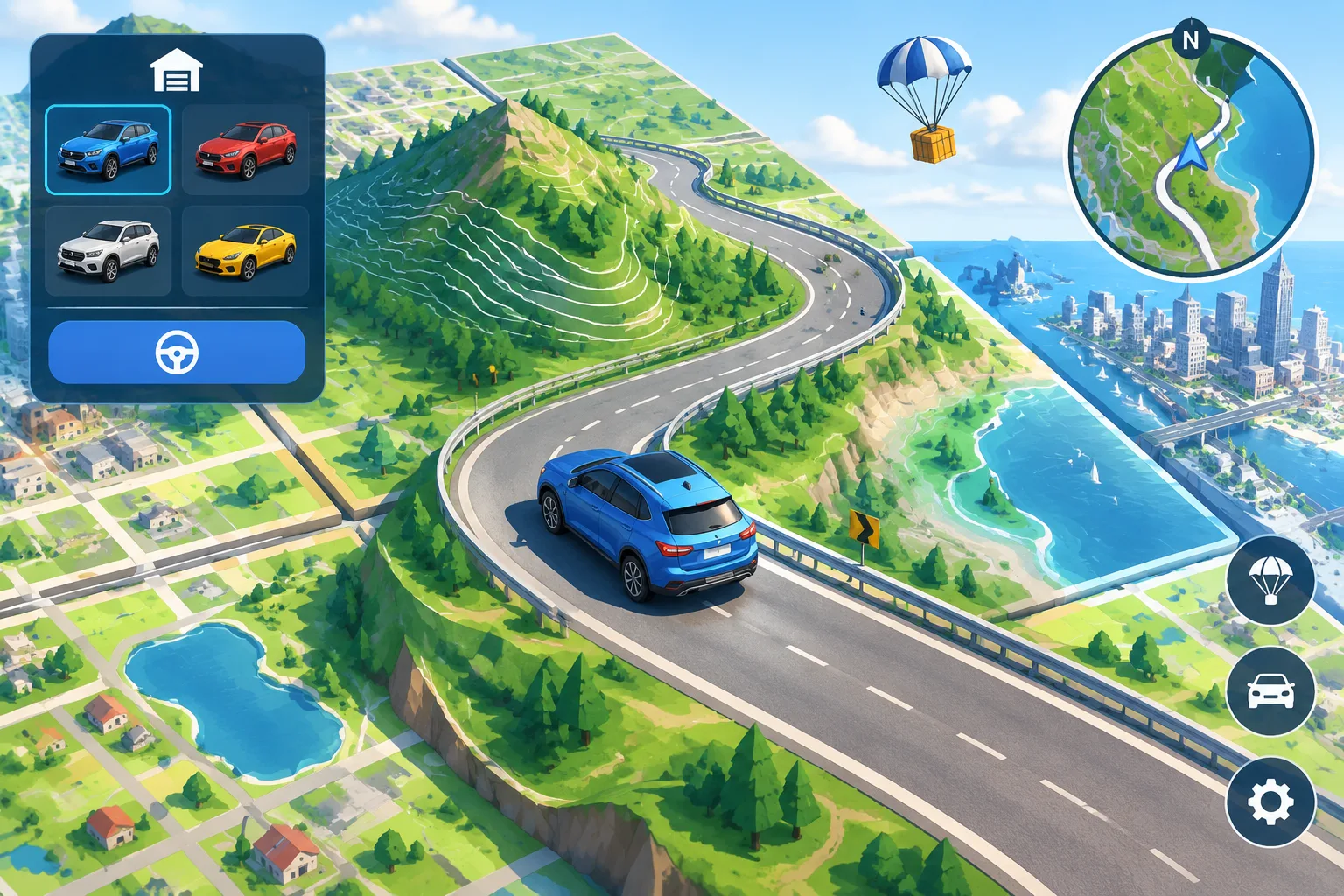 Isometric illustration of a compact car on a winding road made from map tiles