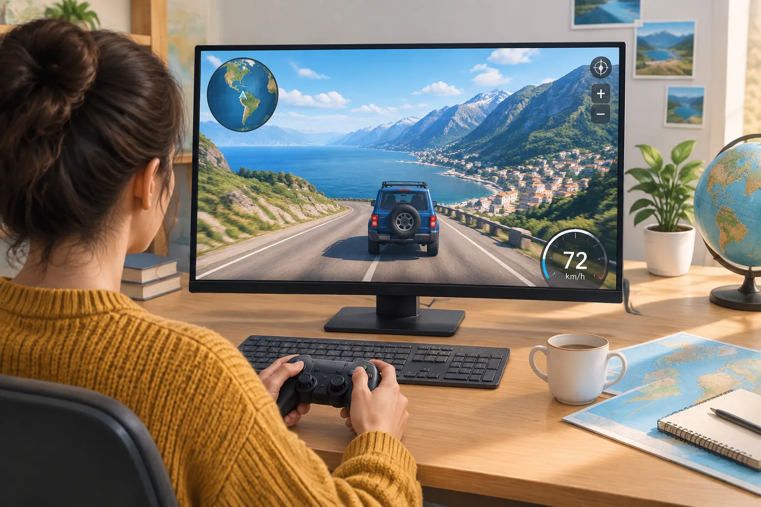 Player driving a virtual car across a realistic world map landscape displayed on a computer screen