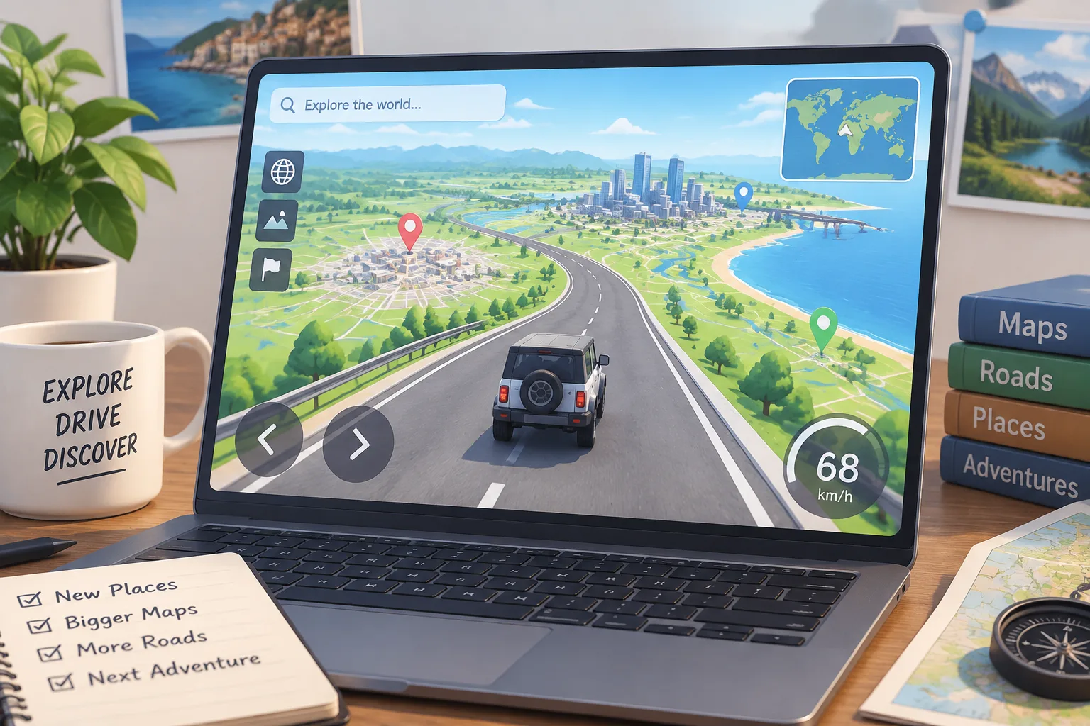 Browser game interface showing a small vehicle exploring a colorful digital road map