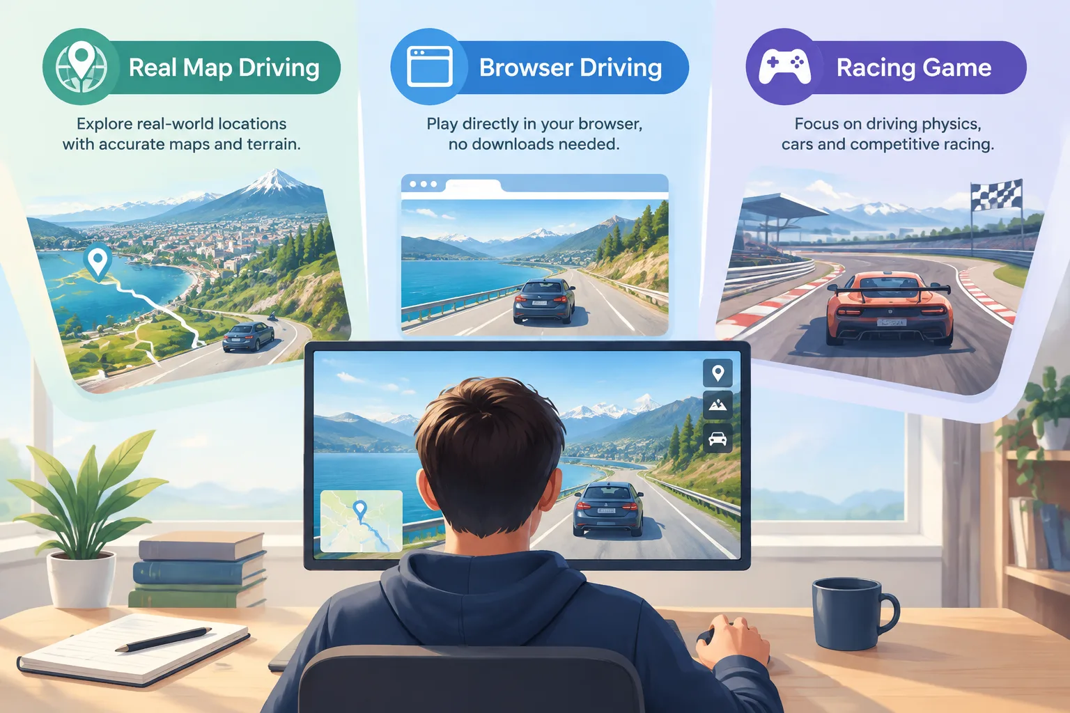 Simple diagram comparing real-map driving, browser driving, and racing game categories