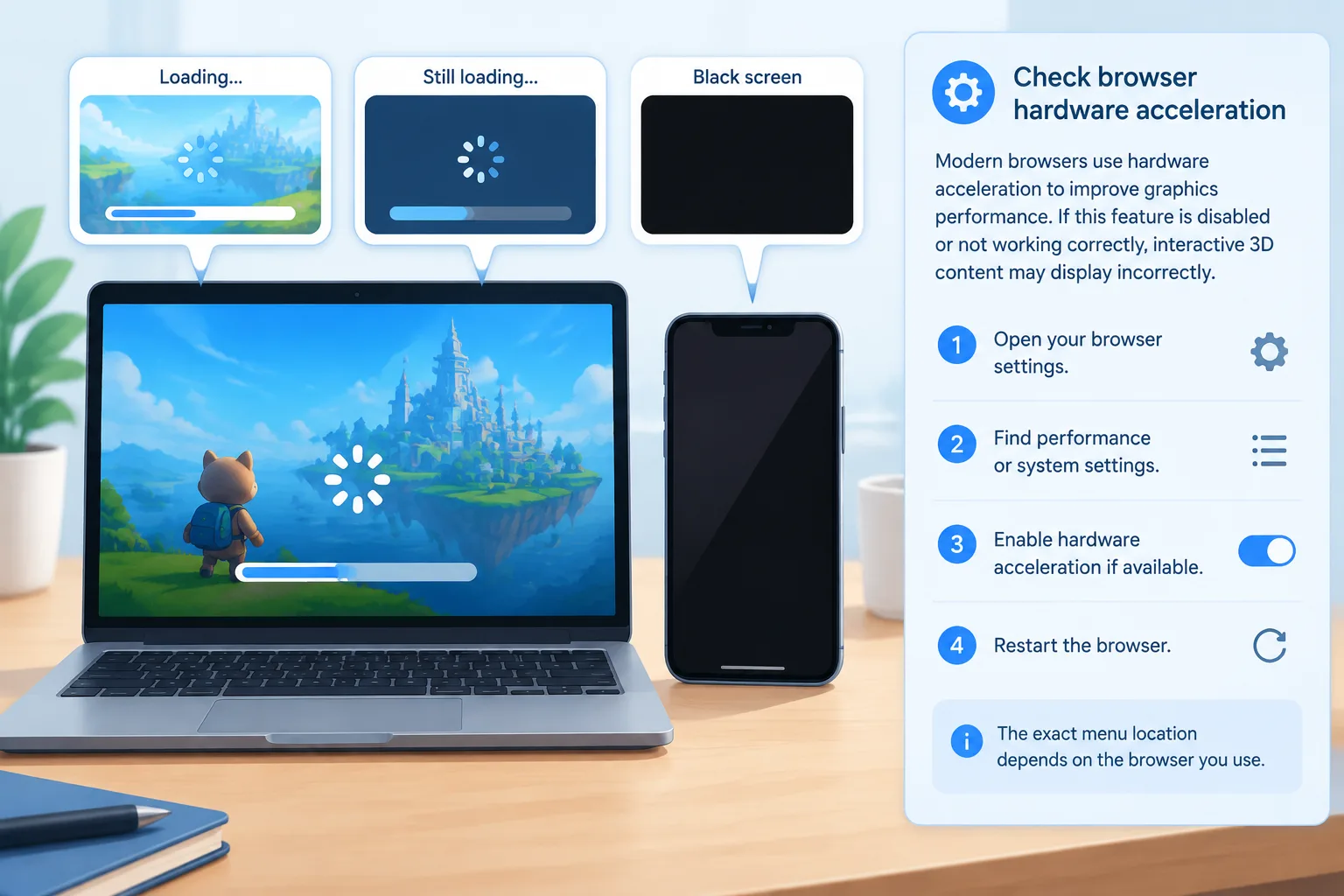 Desktop and mobile devices displaying different browser game loading states