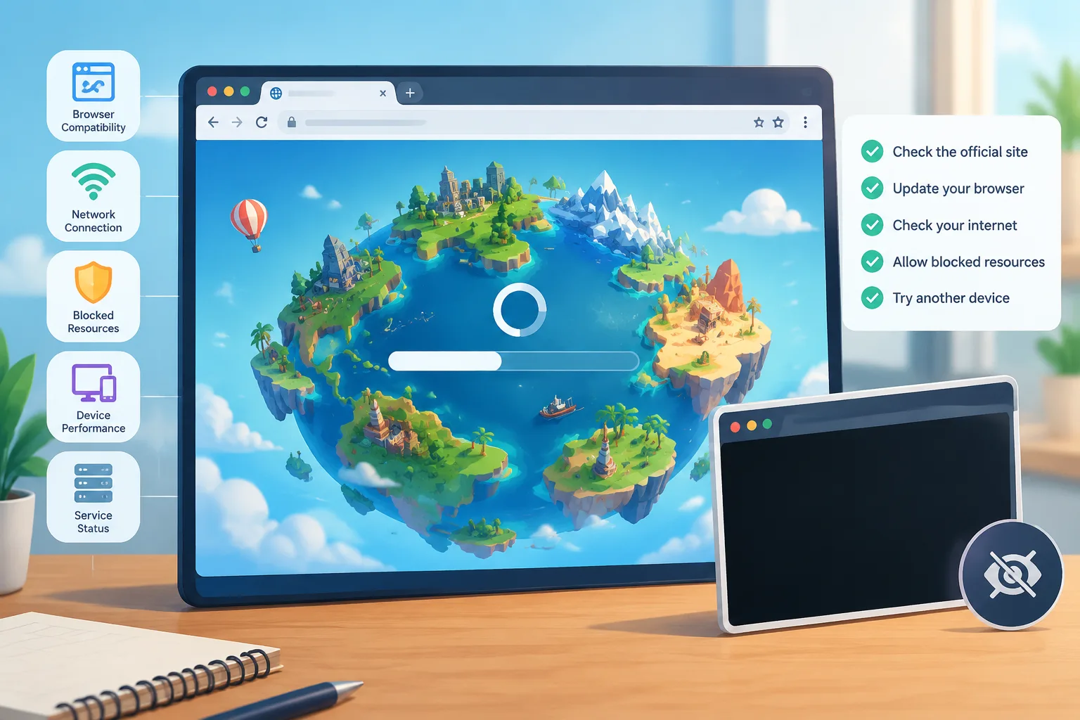 Browser window showing a 3D world map game loading screen with a blank area