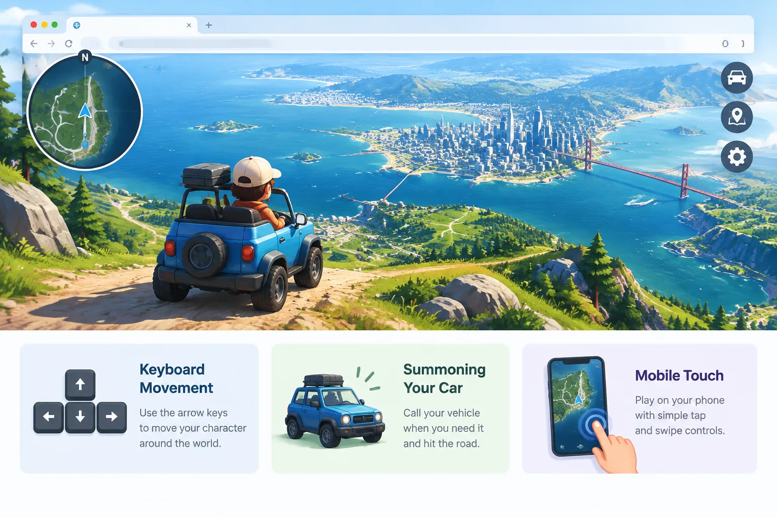 Player driving a small vehicle across a detailed digital Earth landscape on a browser game screen