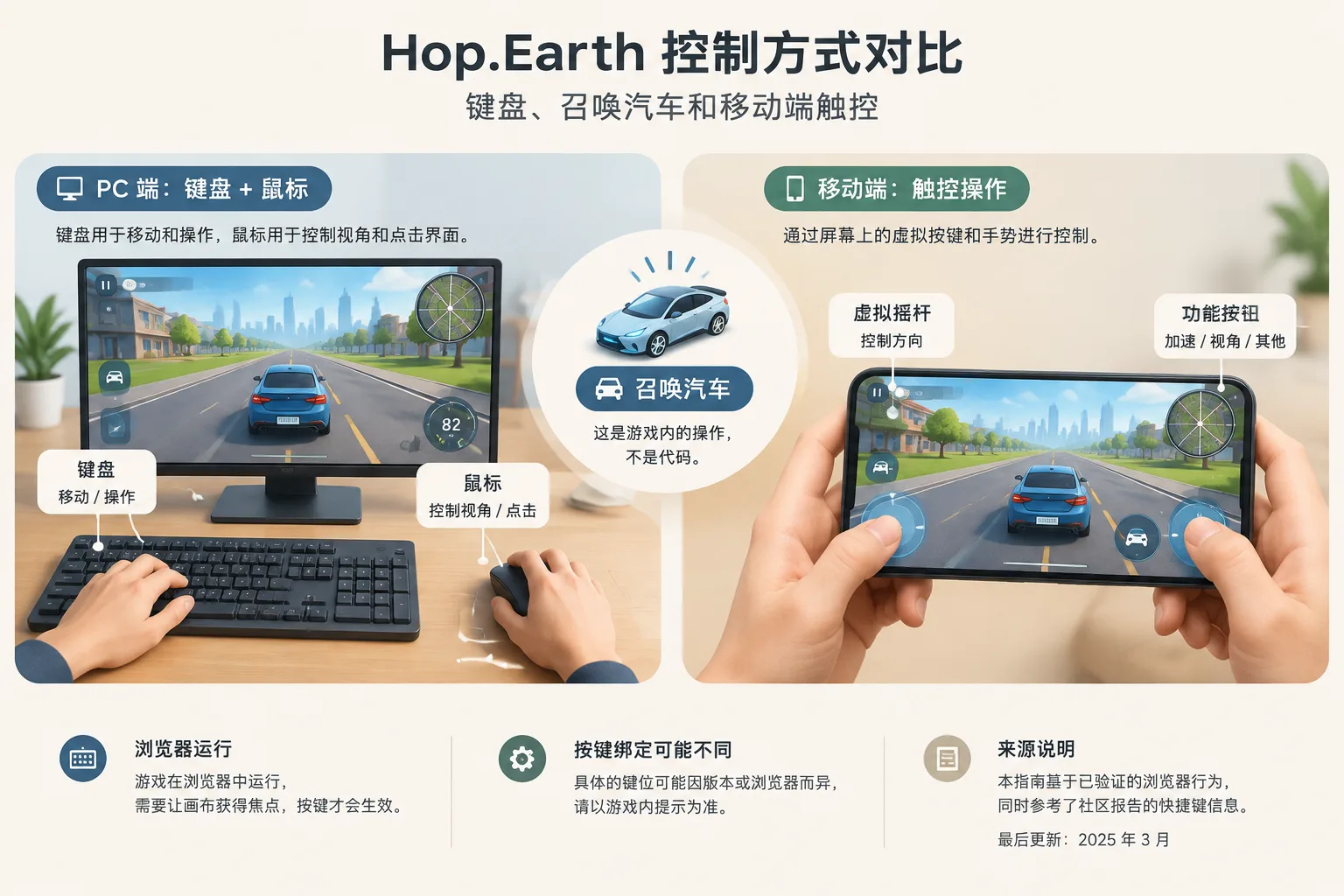 Diagram comparing a desktop keyboard layout and a smartphone touch layout for a browser driving game
