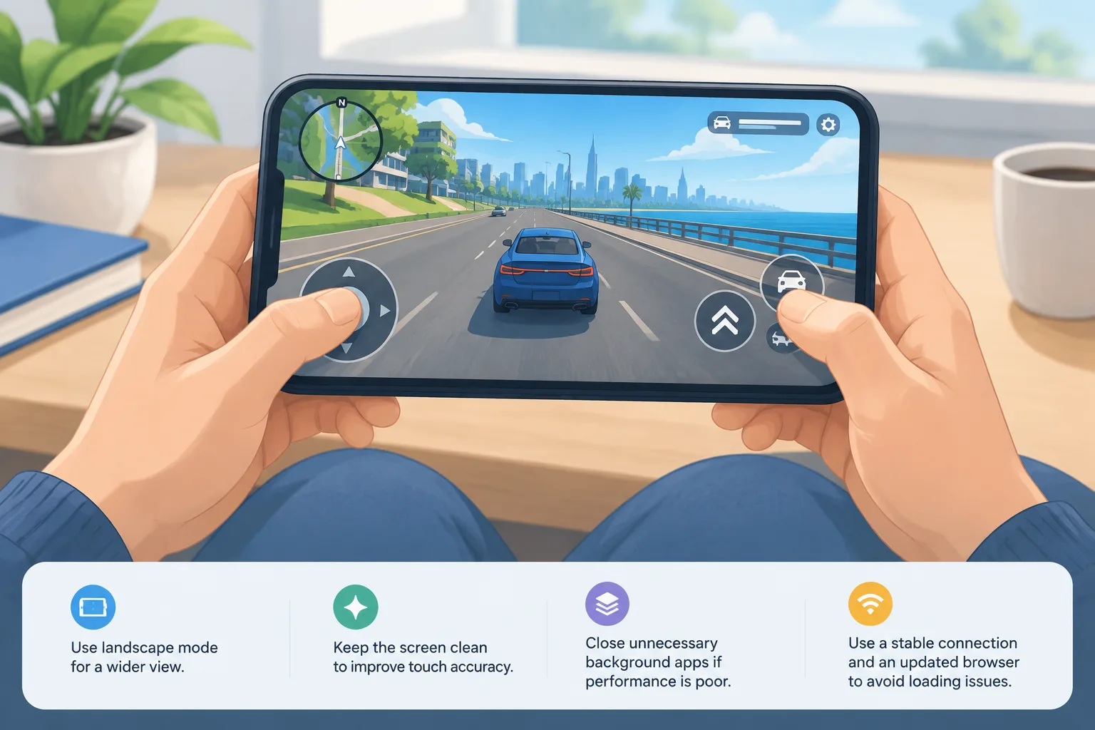 Hand holding a smartphone showing a browser-based driving game with simple touch controls