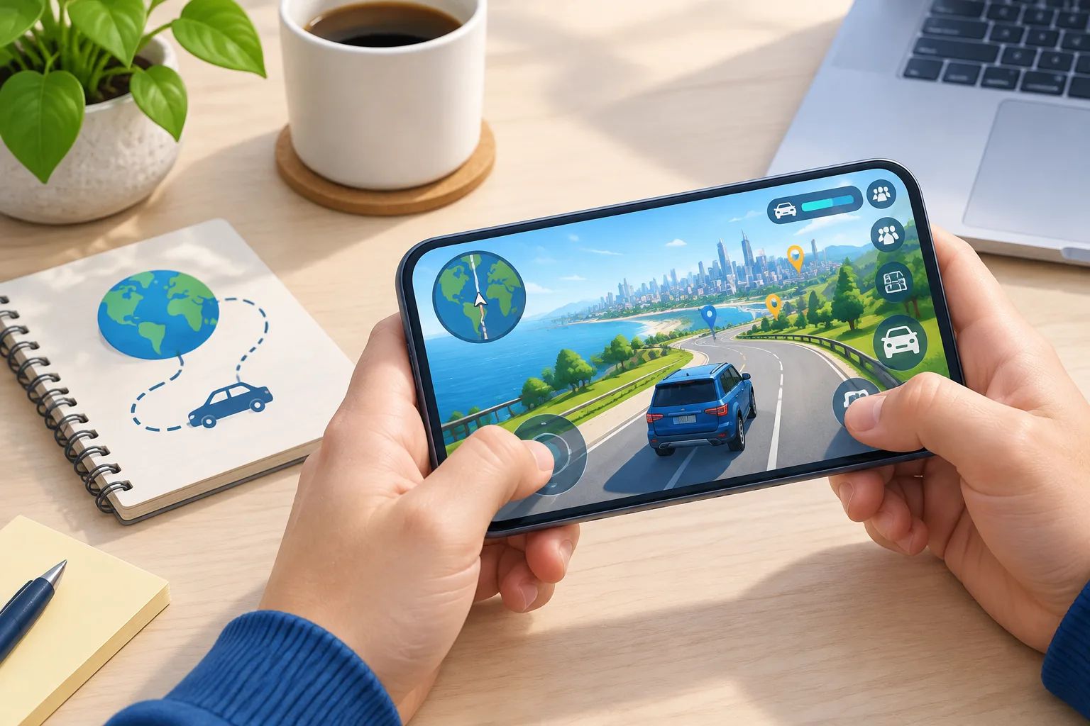 Mobile device displaying a browser game with a map-based driving environment on a clean desk
