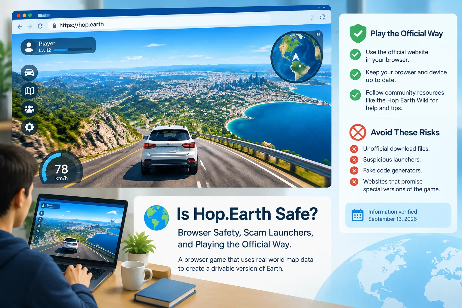 Browser game interface showing a player driving a virtual car across a realistic world map landscape