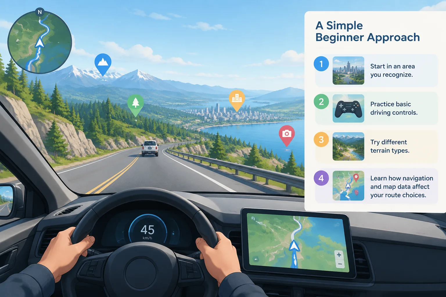 Player viewpoint from a vehicle exploring a digital road network