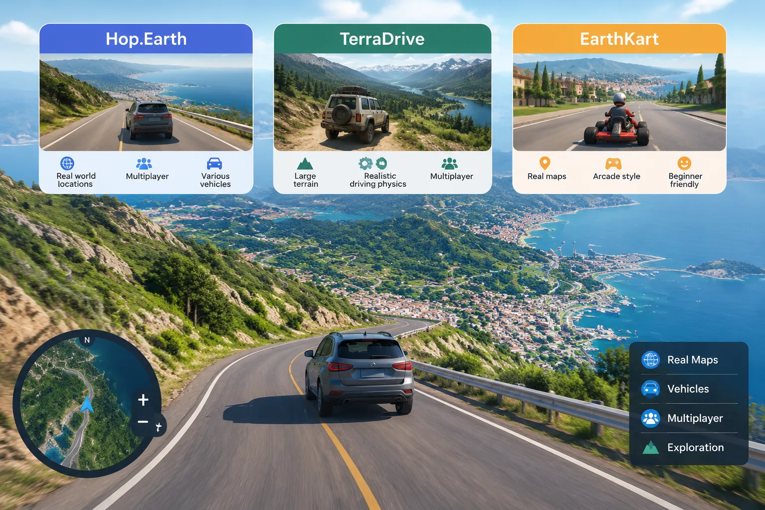 Wide landscape view of a vehicle driving across a digital terrain map